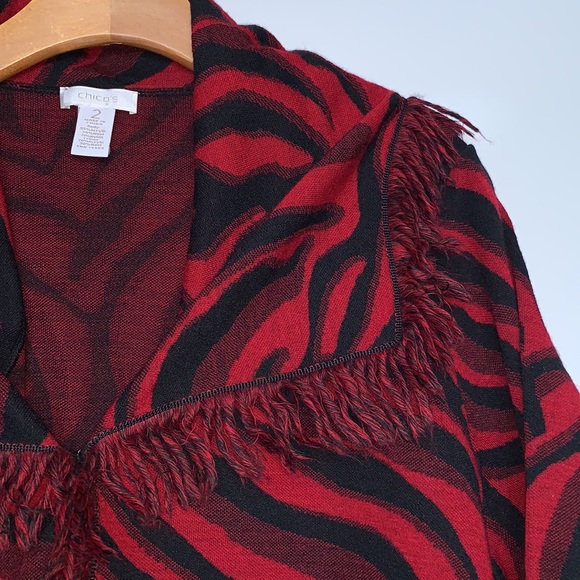 CHICOS Red Black Zebra Pattern Fringe Open Cardi - Picture 2 of 6